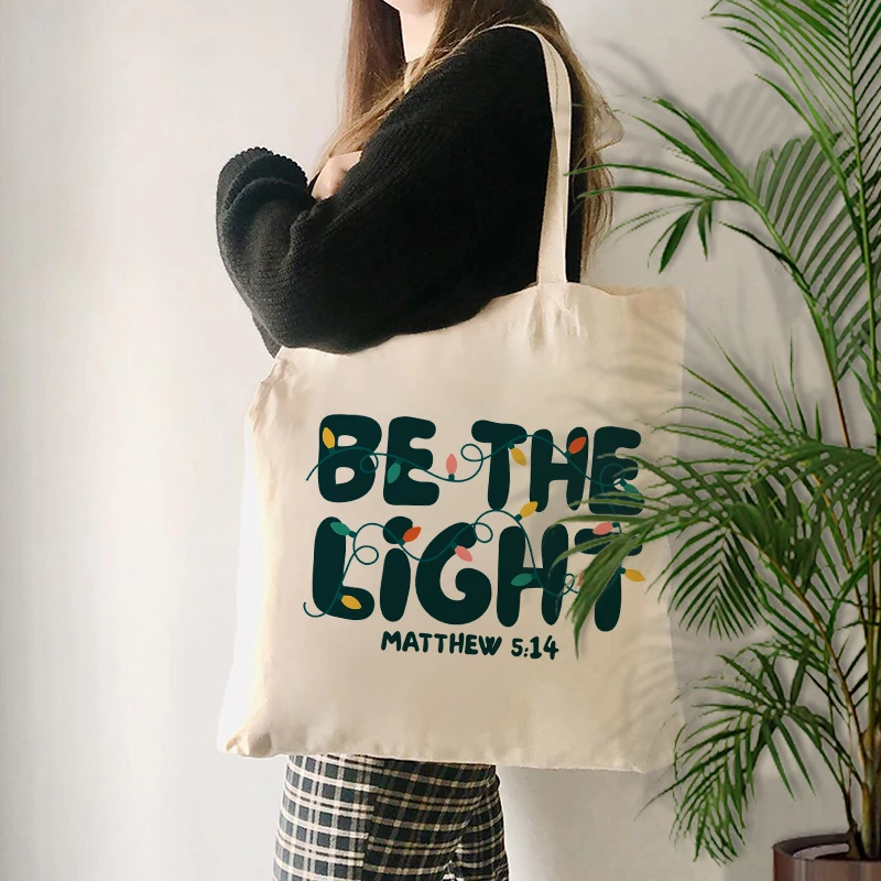 Be The Light Print Canvas Tote Bag Christmas Gift for Friends Teachers Sister Mother Daughter Women Shoulder Bag Shopping Bag