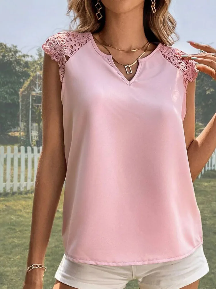 Elegant Women\'s Casual Blouse 2023 Summer Solid V-Neck Panel Lace Tank Tops Office Lady Short Sleeve Shirts Streetwear Women New