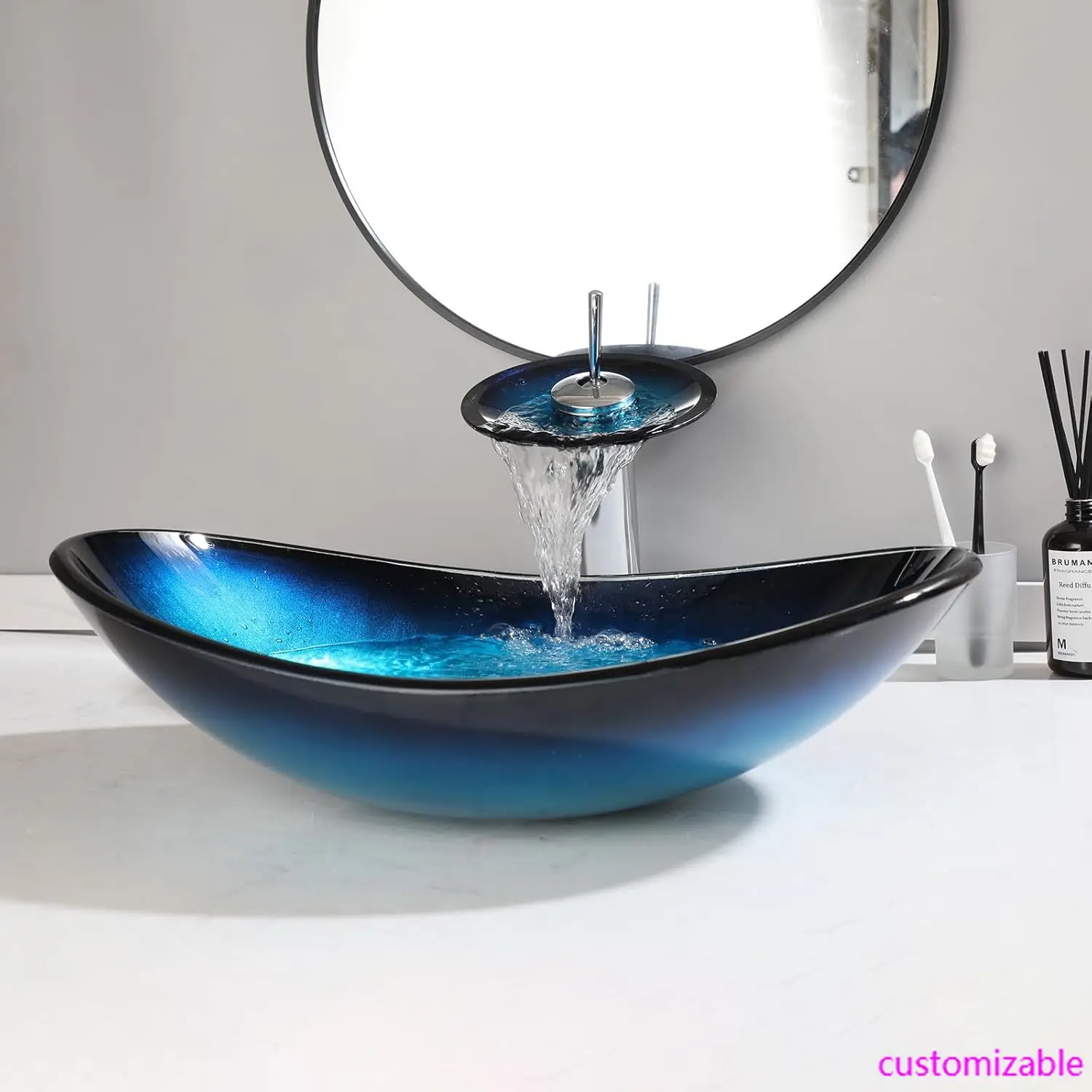 

Овальная синяя стеклянная раковина 22x14 дюймов с водопадом и выдвижным сливом, раковина из закаленного стекла, верхнее крепление, раковины для ванной комнаты