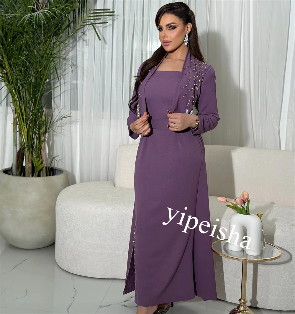 Evening Jersey Tassel Rhinestone Cocktail Party A-line Square Neck Bespoke Occasion Gown Midi Dresses Saudi Arabia