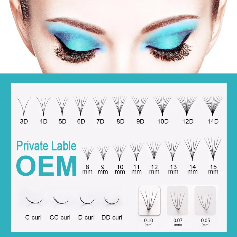 750/1500 3d /14d Premade Russian Volume Fans Mixed Length 8-13mm Sharp Pointy Stem Premade Lashes Extension Thin Root eyelashes