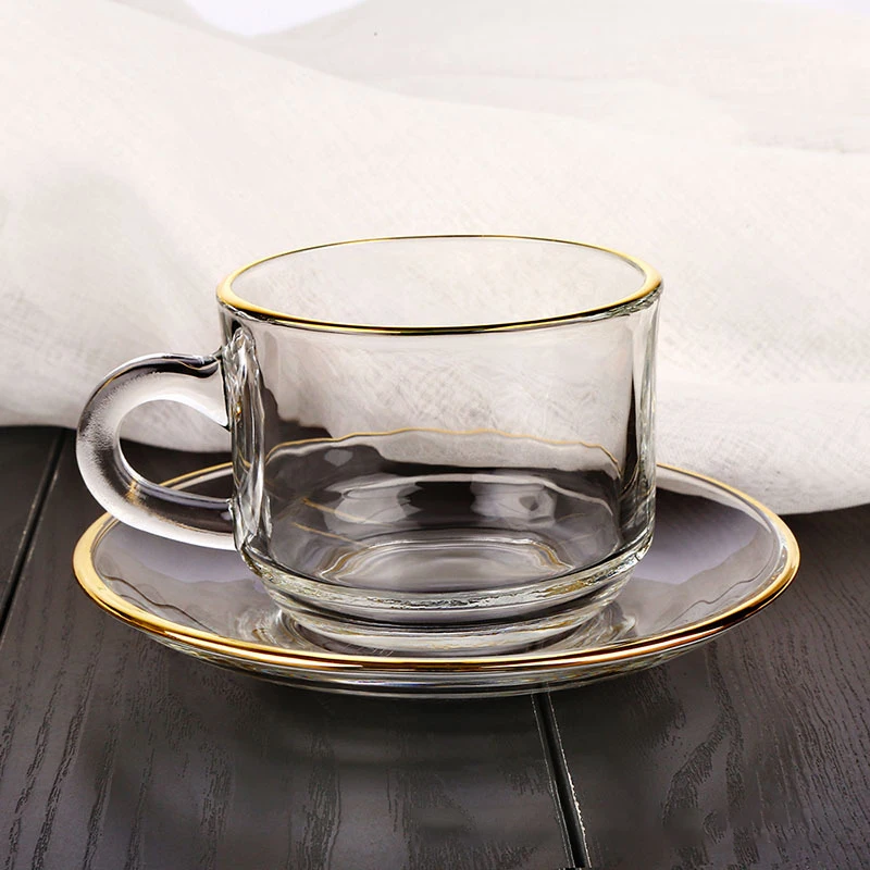 Golden edge Glass Coffee Cups,Lover Couple Mugs Heat resistant glass Teacup 1 Saucer 1 mug Set Advanced Mug For Afternoon tea