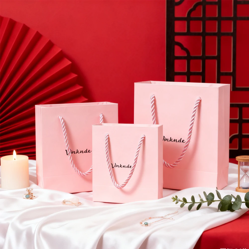

14x7x15cm Custom Logo Pink Kraft Paper Bag with Ribbon Handle for Jewelry Makeup Cosmetics Shoes Wedding Favor Packaging Box