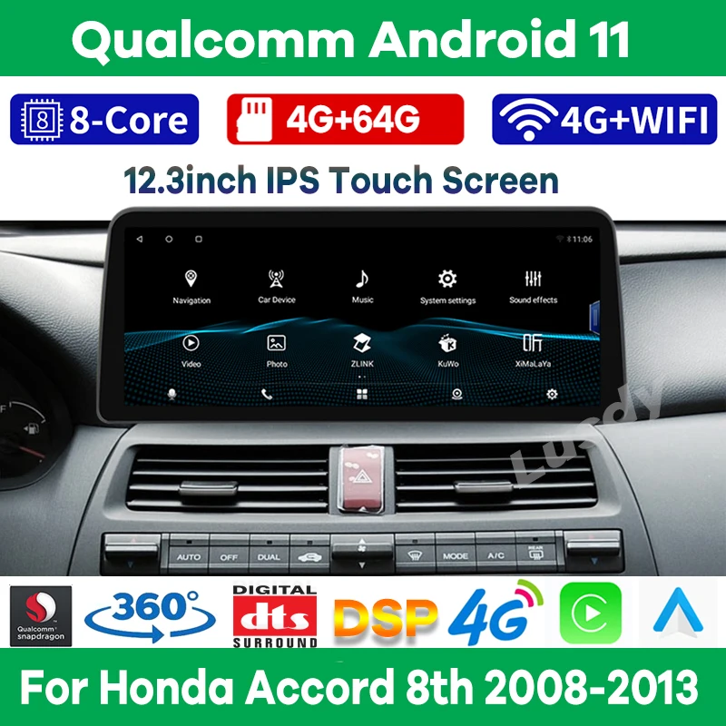 

12.3" Android 11 Qualcomm Car Multimedia Player Radio GPS for Honda Accord 8th 2008-2012 Auto Navi Stereo Video CarPlay Screen