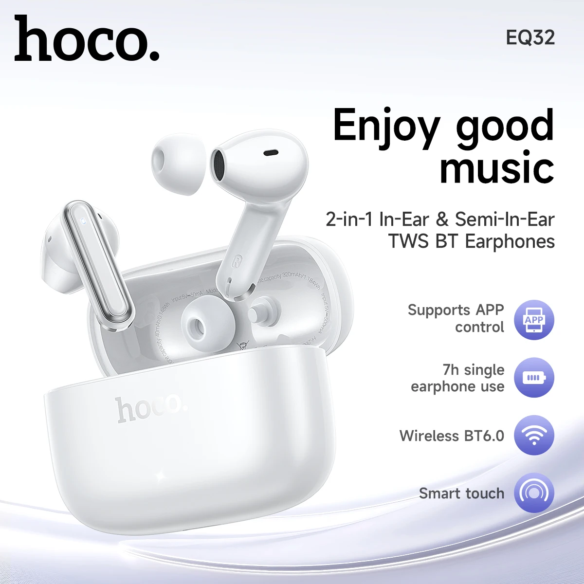 HOCO EQ32 Bluetooth 6.0 Headset Wireless Sport Earphones APP Control Stereo Earbud with Microphone for Phone Call Hifi Headphone