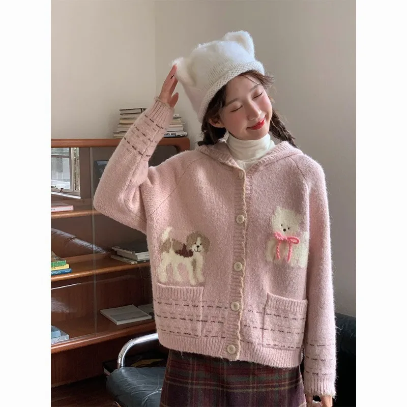 Kawaii Pink Puppy Hooded Sweet Knitted Cardigan Women Autumn Korea Style Knitwear Fashion Loose Single Breasted Top Sweater Coat