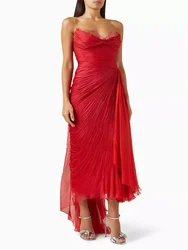 Customized Lace Ruffled Bustier Midi Dress Sleeveless Bandeau Bust Lace Trimmed Pintucked Chiffon Draped Lace-Up Evening Gown