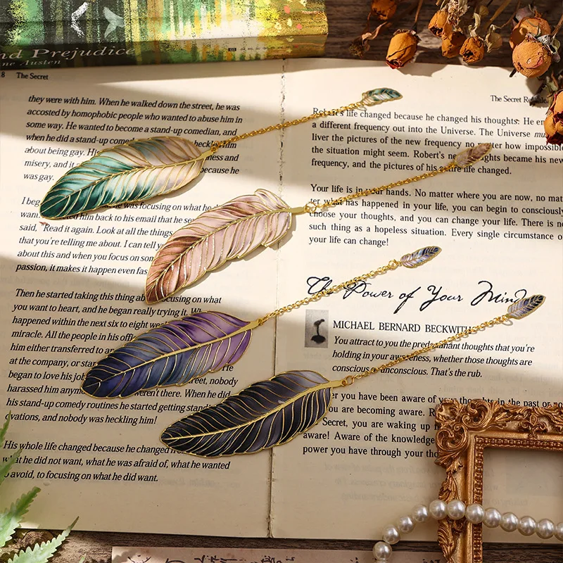 Vintage Aurora Feather Metal Bookmark, Brass Book Page Marker with Tassel Chain, Bookmarks Gift for Book Lovers Reading Supplies view 3