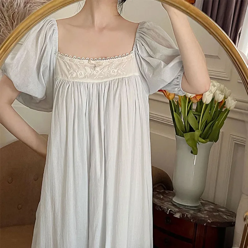 Women French Style Vintage Nightgown Princess Sweet Embroidery Long Nightdress Summer Short Puff Sleeve Cotton Sleepwear Nightie