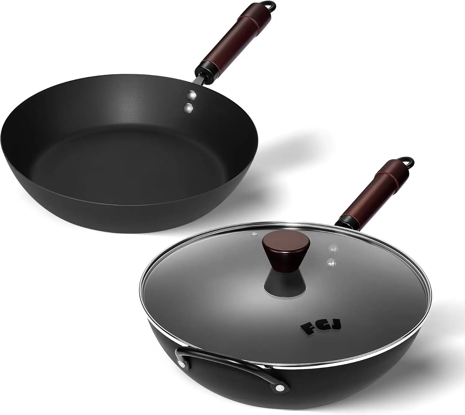 

13-Inch Carbon Steel Wok & 12-Inch Skillet Set, Pre-Seasoned Nonstick Cookware for All Stovetops