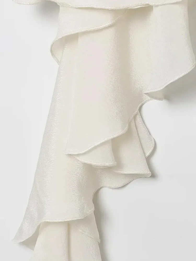 Hh 2025 feminino verão chique mini vestido sólido halter pescoço sem costas em camadas decorar zíper moda feminina vestidos sem mangas