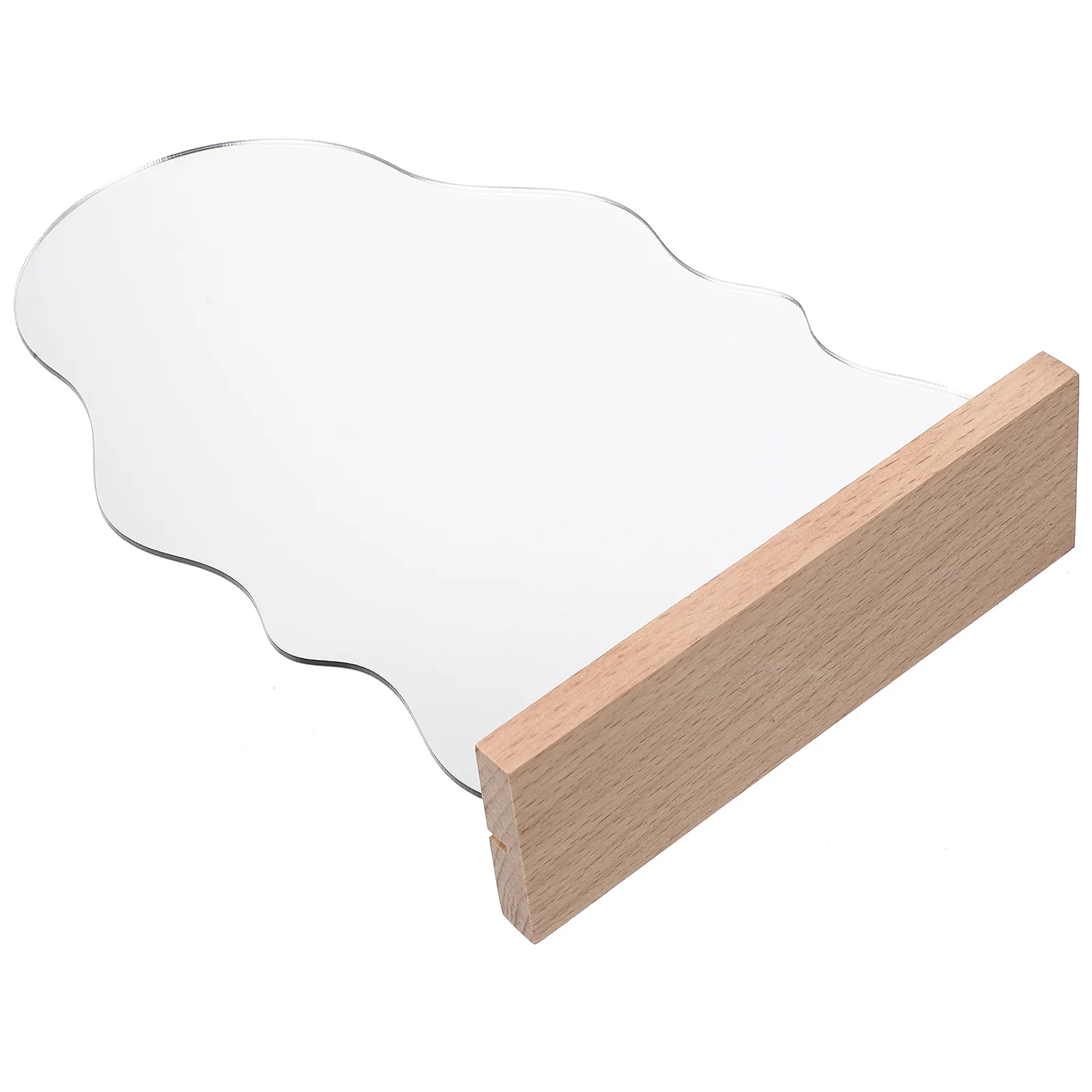 Stijlvolle make-upspiegel van acryl voor bureau Houten basis Staand onregelmatig ontwerp Esthetische tafelspiegel voor make-up tandenpoetsen