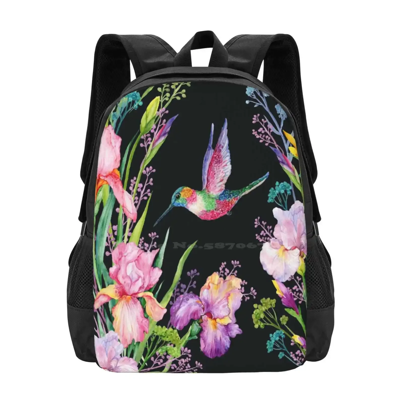 

Iris Flowers And Hummingbirds .Watercolor Seamless Pattern Hot Sale Schoolbag Backpack Fashion Bags Background Seamless Pattern