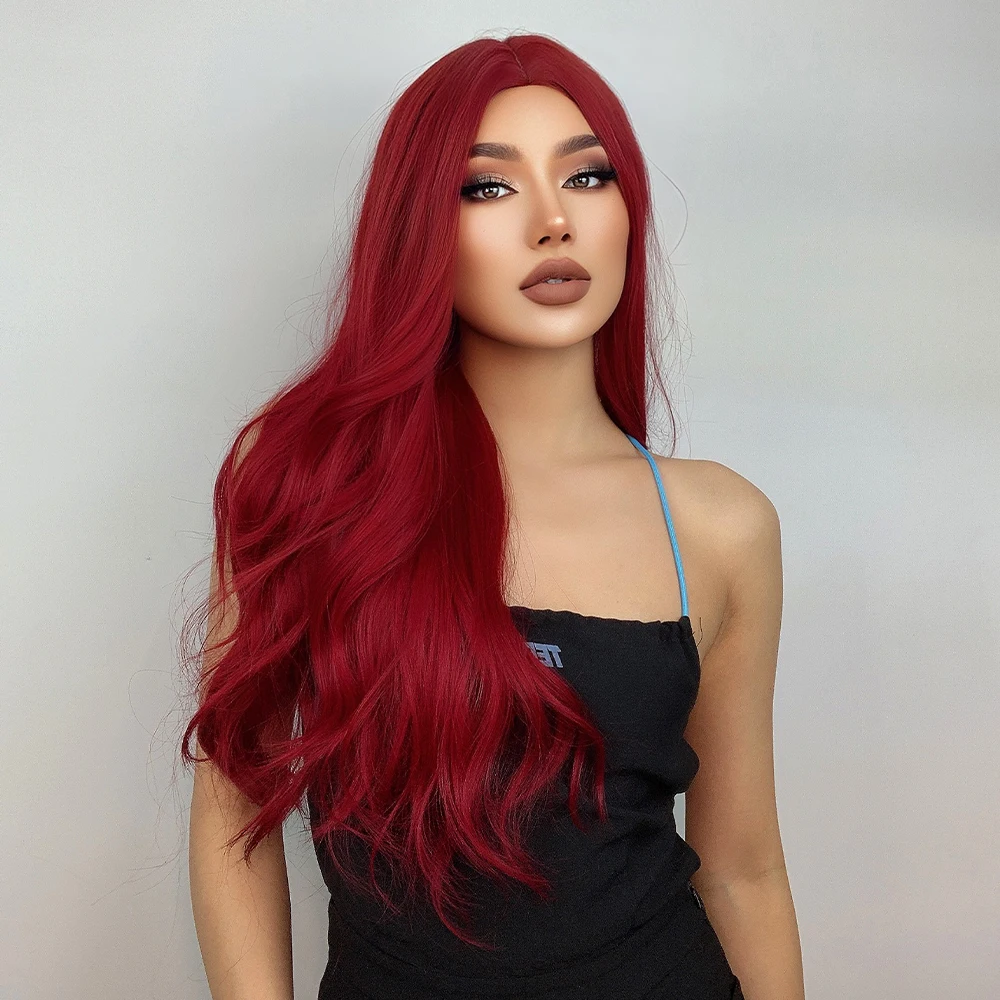 Wine Burgundy Red Long Wavy Synthetic Hair Wigs for Women Orange Red Body Wave Halloween Cosplay Natural Wig Heat Resistant