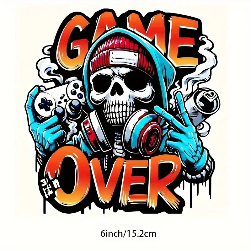 قطعة واحدة من ملصق جمجمة للألعاب (سماعات رأس وحدة تحكم الألعاب) شارات فينيل مقاومة للماء باللون البرتقالي والأزرق والأبيض لتزيين السيارة