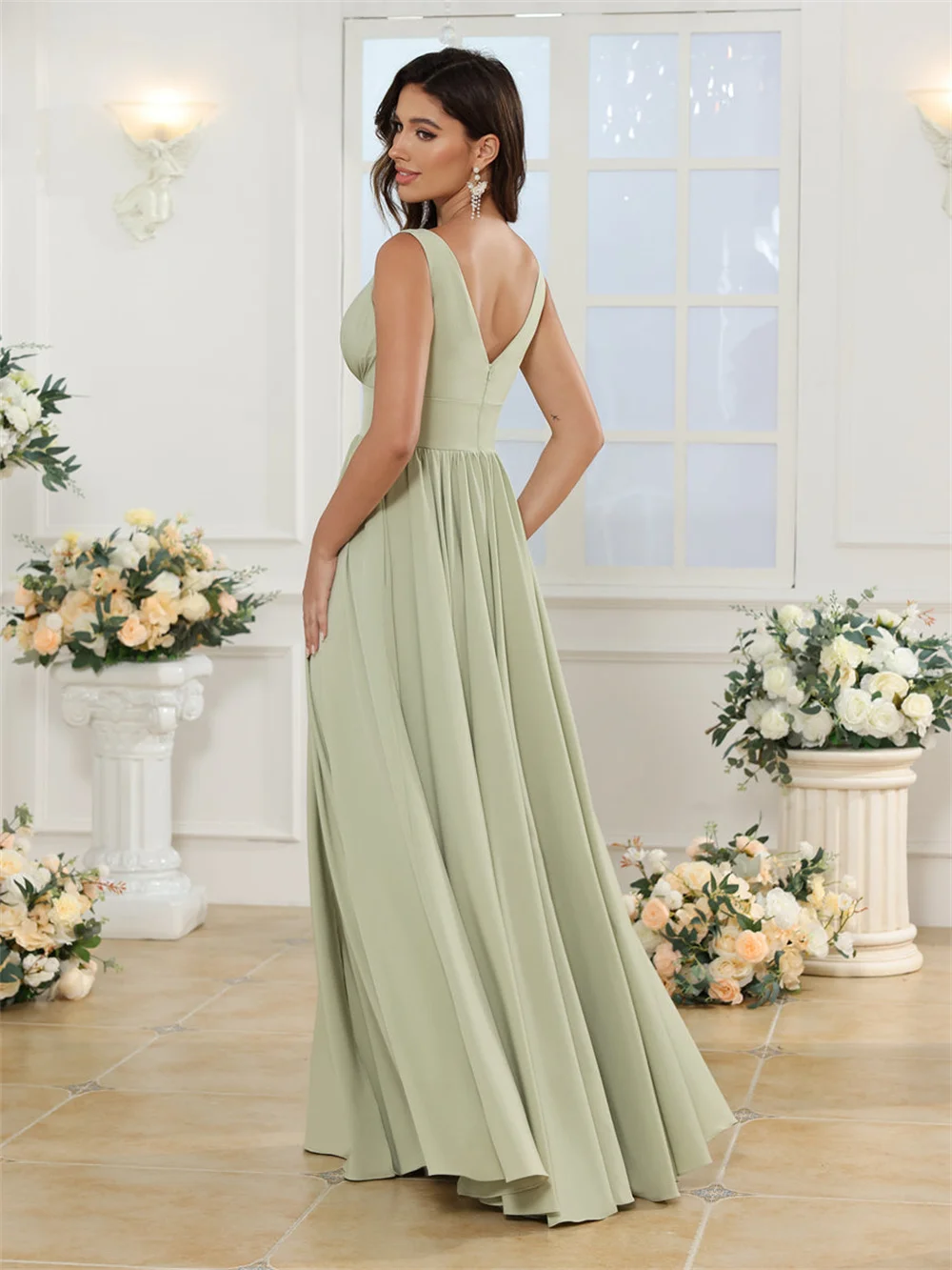 Chiffon Off the Shoulder V-neck Bridesmaid Dresses for Wedding Pleated Corset Sleeveless Evening Gowns A-line Long Prom Dress