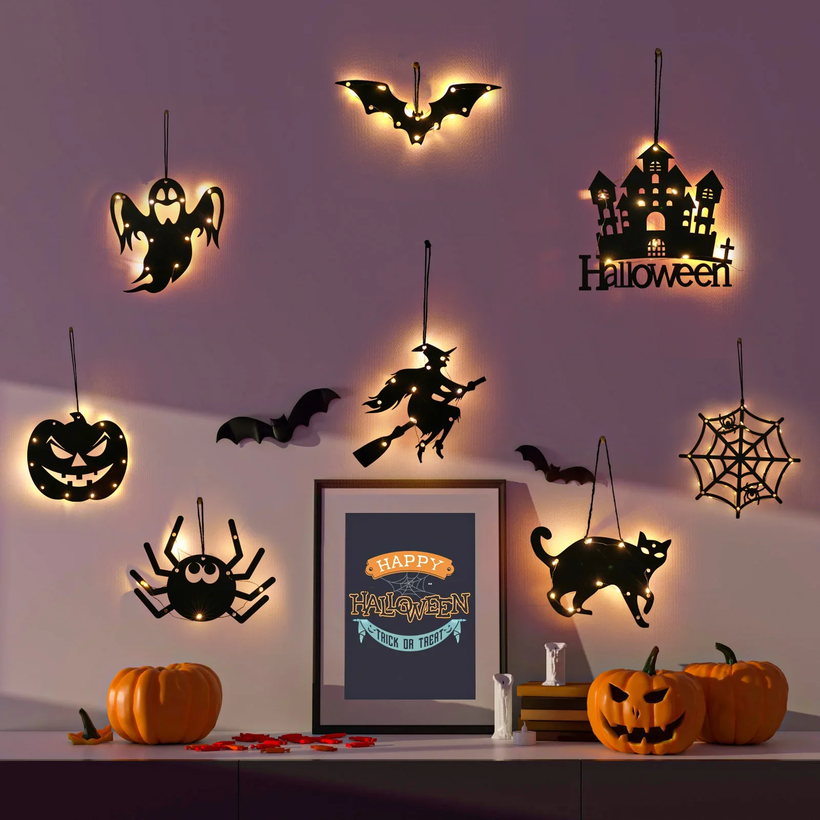 

Halloween glowing decorations, Halloween pumpkin party props, Halloween party pendants, hanging decorations, spider webs, suppli