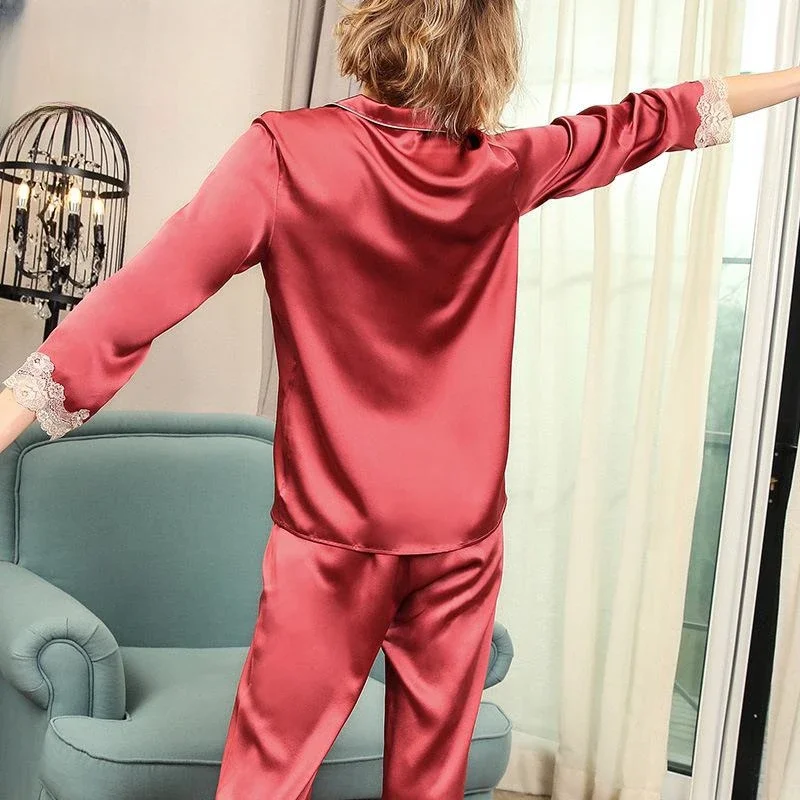 레드 100% 뽕나무 실크 여성 잠옷 잠옷 세트 디자이너 버튼 긴 Pijama 나이트 슈트 순수 실크 레이스 트림 2pcs 잠옷 세트