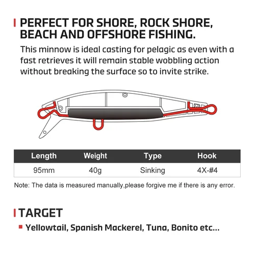 Imagen 2 del producto NOEBY-señuelo de pesca de pececillo de hundimiento pesado, 95mm, 40g, cebo duro Artificial de fundición larga para atún, cola amarilla, señuelo de pesca de mar