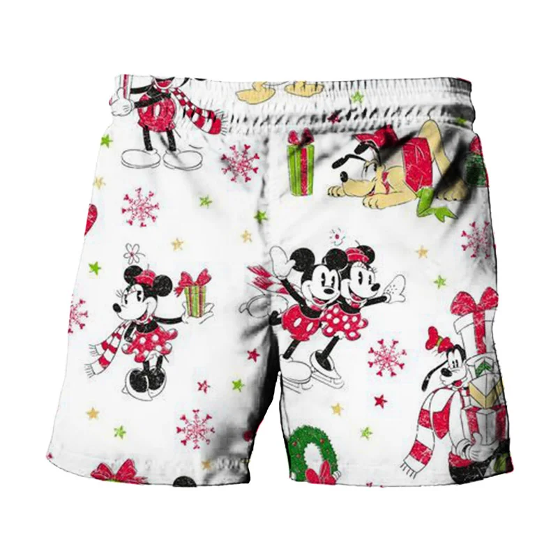 2024 Christmas New Disney Miniso Stitch And Mickey Minnie Anime Print Summer Men\'s Fashion Beach Party Casual Shorts Y2K