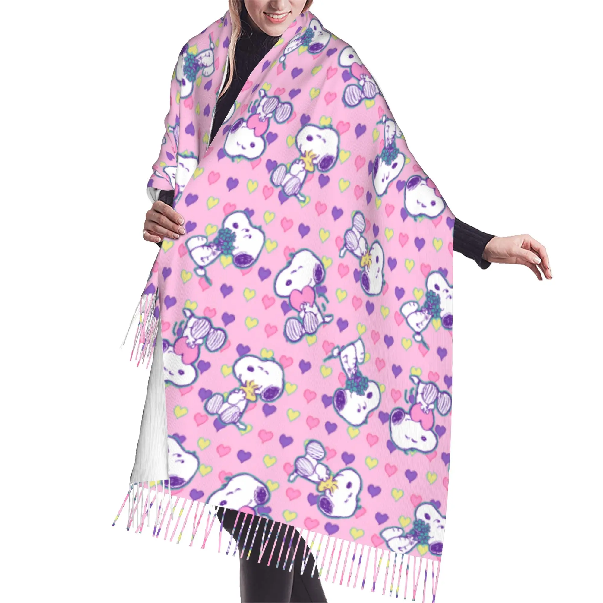 Custom S-snoopied Dog Scarf Wrap for Women Long Winter Fall Warm Tassel Shawl Unisex Anime Manga Scarves