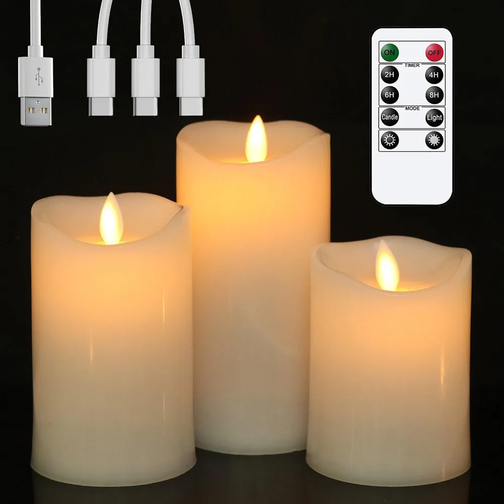 

USB Rechargeable Flameless Electric Candles Moving Wick 3Pcs/Set Led Candles With Remote Home Bar Party Xmas Wedding Decoration
