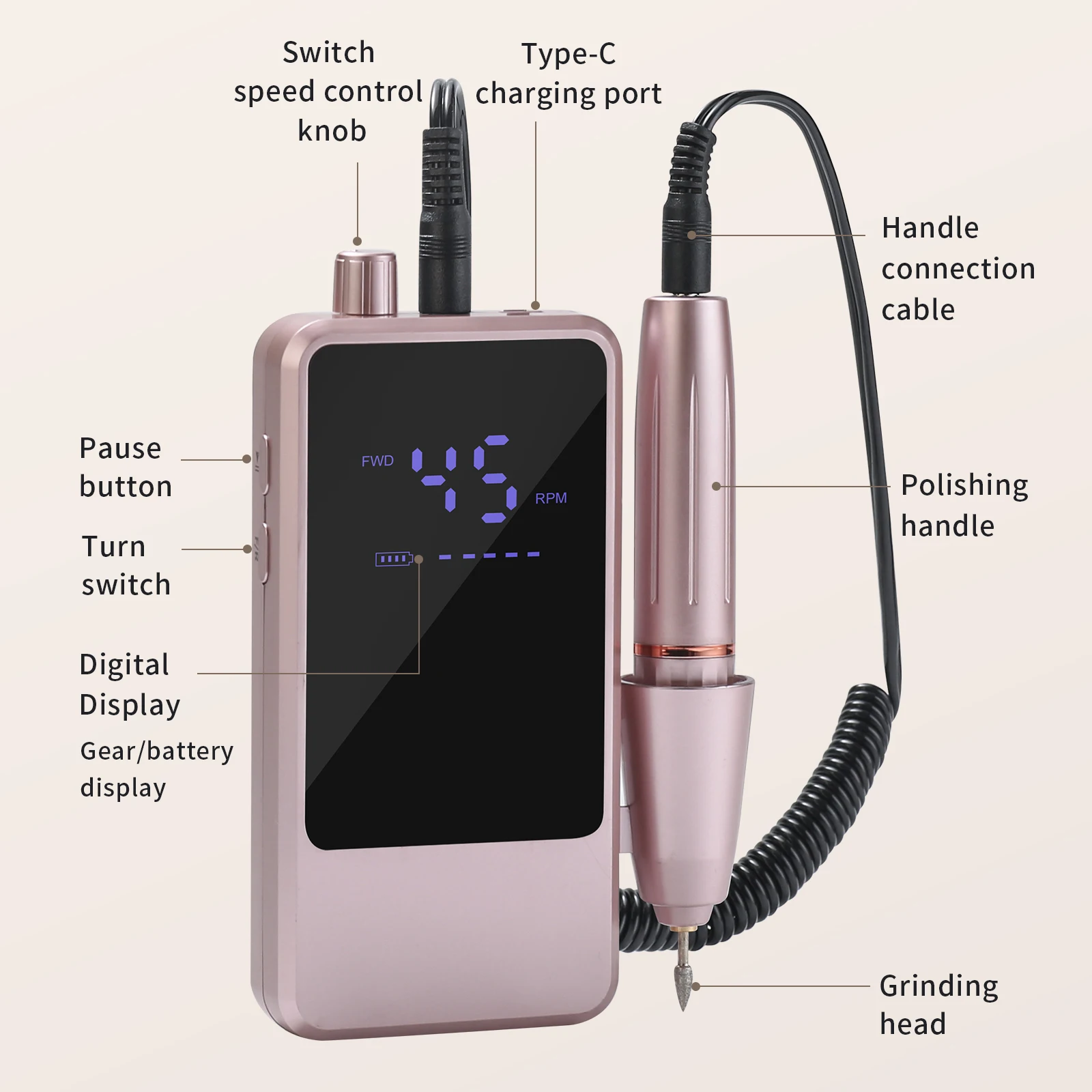 45000RPM Professional Nail Drill Rechargeable Wireless Electric Nail Sander File with LED Display For Gel Nail Polish Salon Tool
