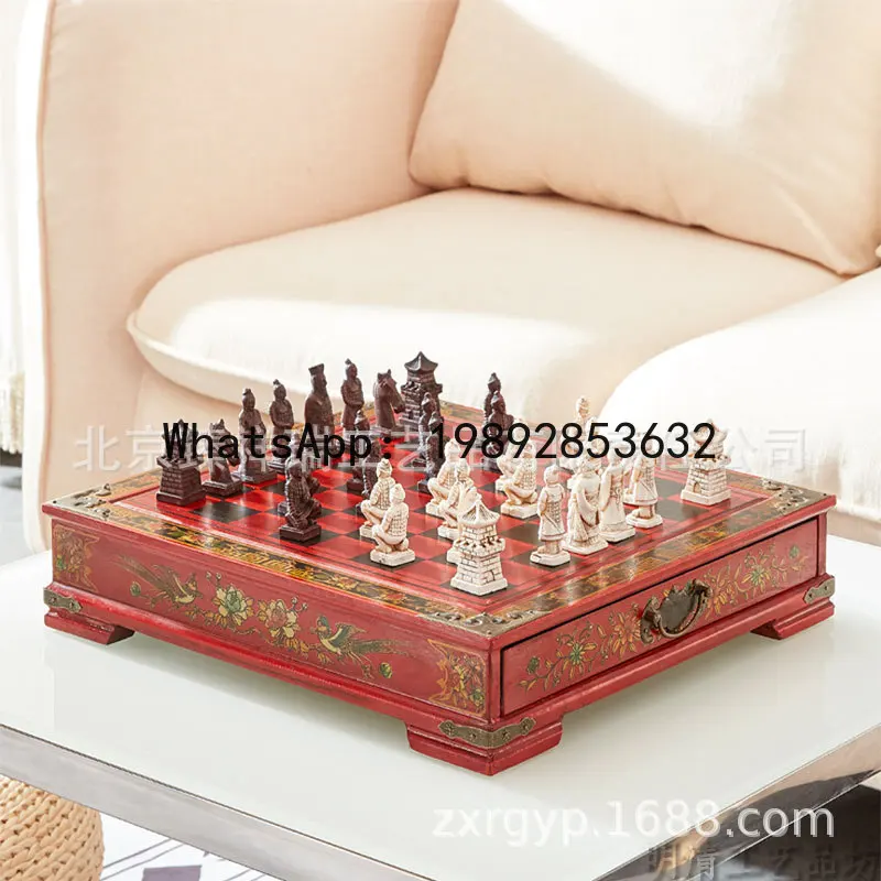 QZ Chess Terracotta Warriors Chess Three-dimensional Characters Chess Antique Wooden Chessboard Collection
