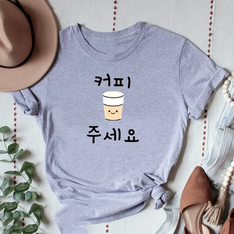Korean Fashion T-shirt Women Funny Letter Print Kopi Juseyo T Shirts Please Give Me Coffee Korean Hangul Word T Shirt Streetwear view 3