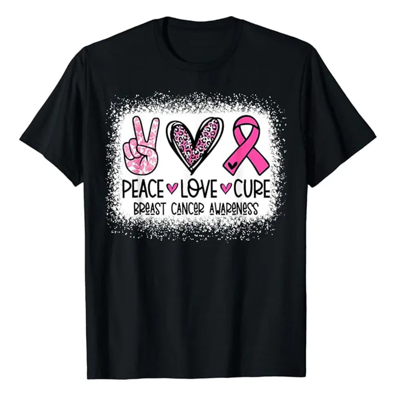 

Bleached Peace Love Cure Leopard Breast Cancer Awareness T-Shirt Women's Fashion Saying Tee Graphic Outfits Short Sleeve Blouses