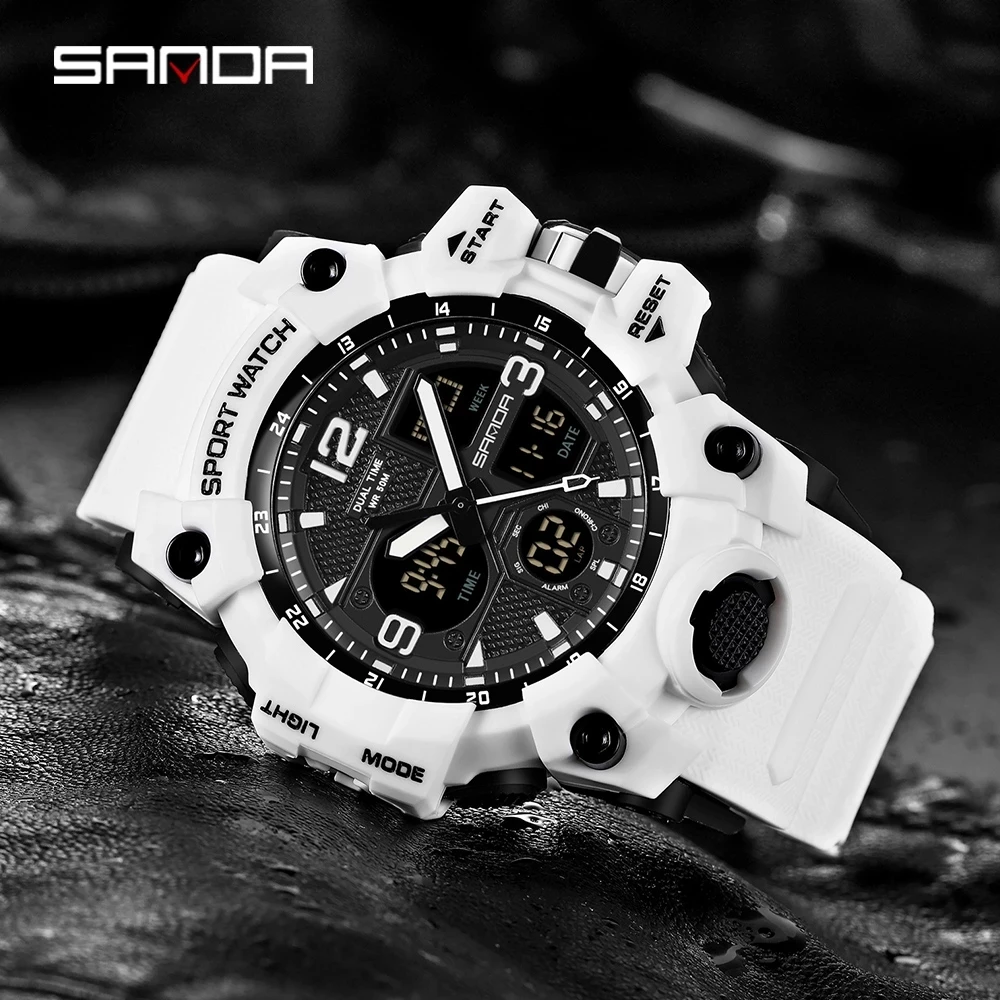 SANDA-relojes militares para hombre, reloj deportivo blanco, LED Digital, resistente al agua hasta 50M, S Shock, Masculino