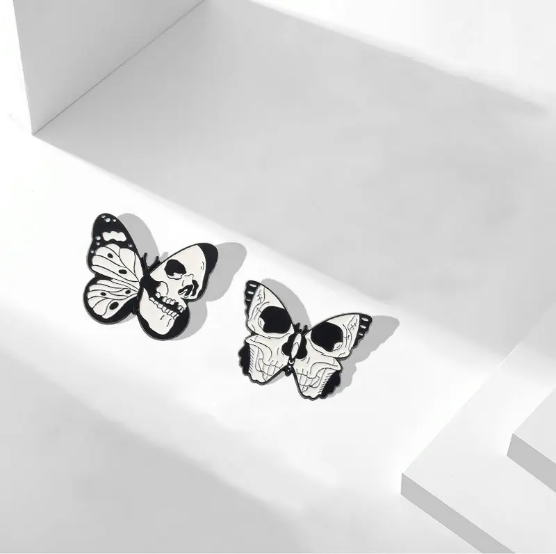 Punk Butterfly Enamel Pins Custom Skeleton Moth Brooches Lapel Badges Black Gothic Insect Jewelry Gift for Kids Friends