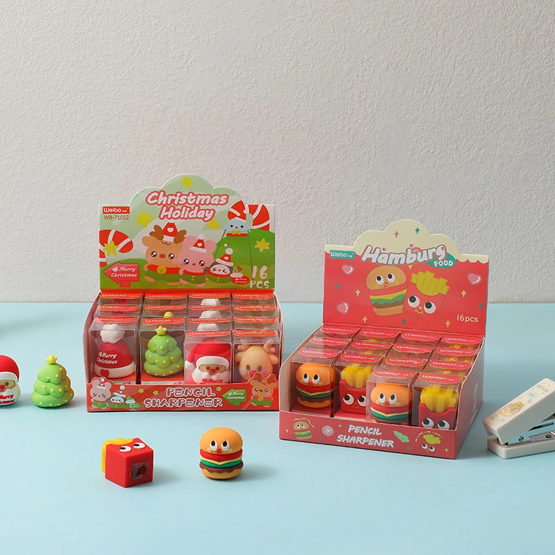 1X Cartoon Christmas Series Pencil Sharpener Creative Hamburger Pencil Sharpener Cute Students Stationery Office School Supplies