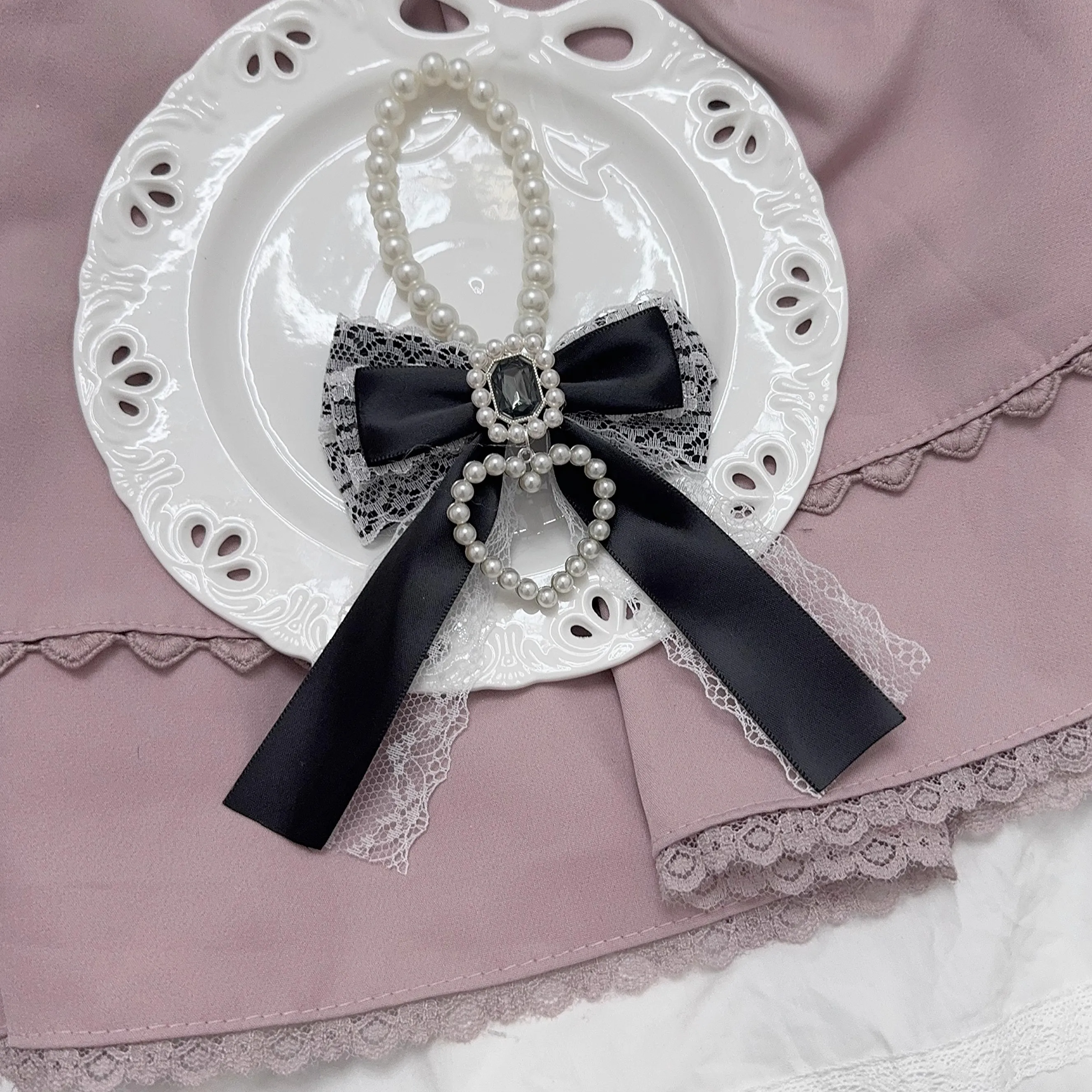 الأصلي Harajuku الشريط الدانتيل قلادة لوليتا القوطية الألم حقيبة اللؤلؤ معلقة كبيرة القلب الماس Bowknot ظهره قلادة