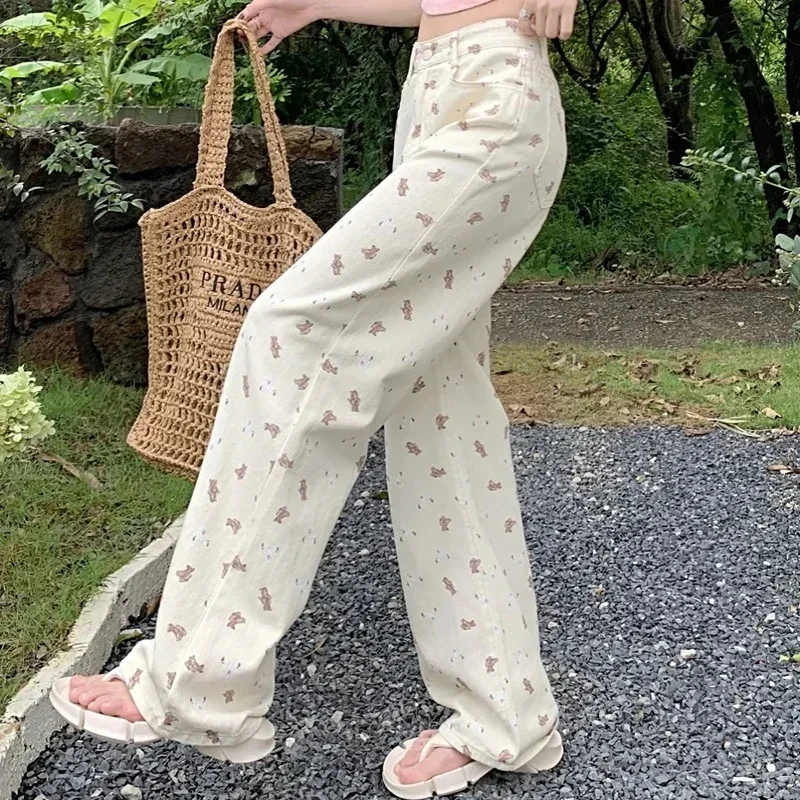 LIBIELIY Woman New High Waist Korean Harajuku Wide Leg Jeans Female Fashion Cutecore Pants Girls Y2k Streetwear Pink White Deni