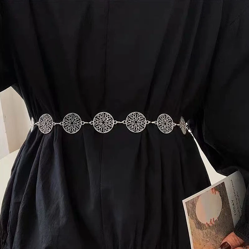 Elegant Round Metal Belt For Women Retro Gold Silver Carved Hollow Out Waistband Fashion Dress Decoration view 2