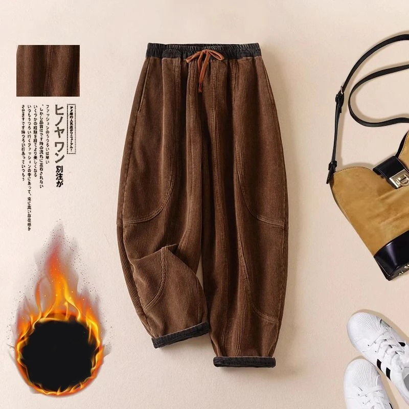 Corduroy harem pants female fall and winter new Korean fashion padded and thickened warm drawstring high-waisted casual pants
