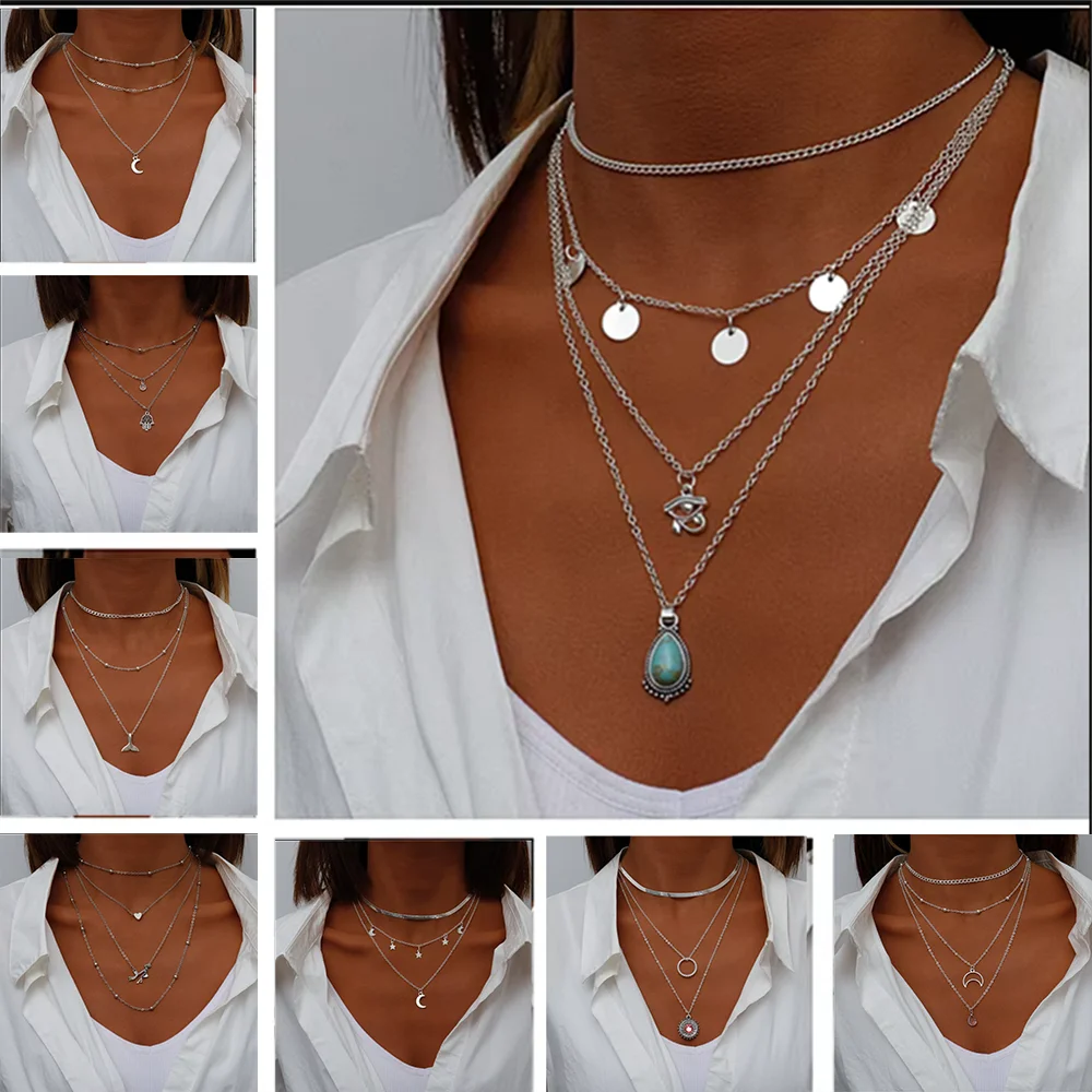 Collares de cadena vintage de varias capas con colgantes de luna, moneda, mano de Hamsa, elefante y corazones para mujer, estilo bohemio, joyería