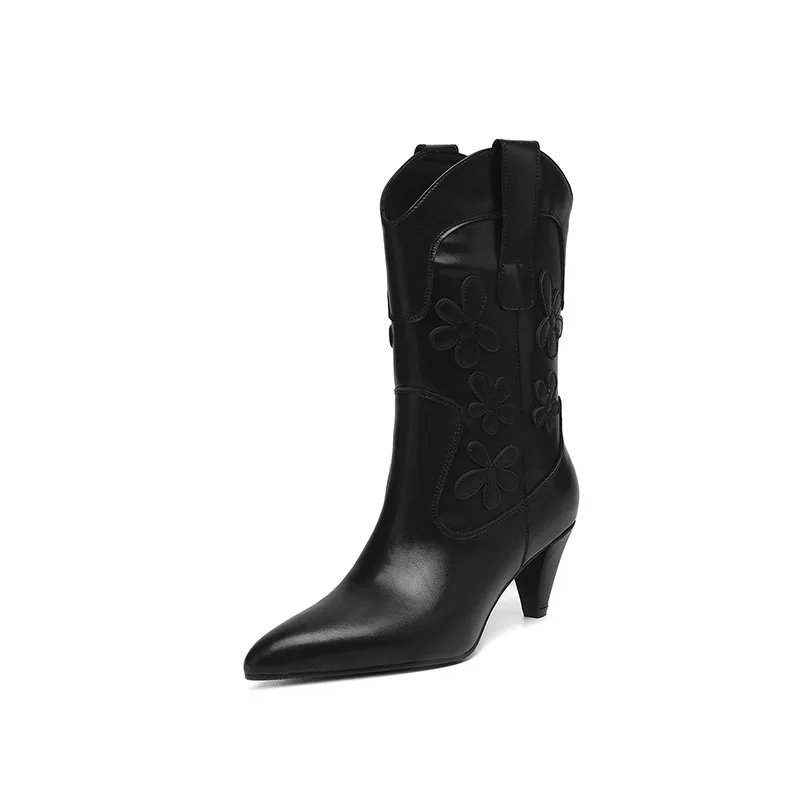 Arden Furtado white cowhide embroidery Mid-Calf boots Pointed to pull-on Chunky heels Modern boots Women's Boots