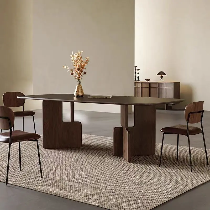 

hu-Nordic Modern Dining Table Marble Ceramic Stone Top Wooden Leg Dining Room Home Furniture 10 Seater Dining Table Set#