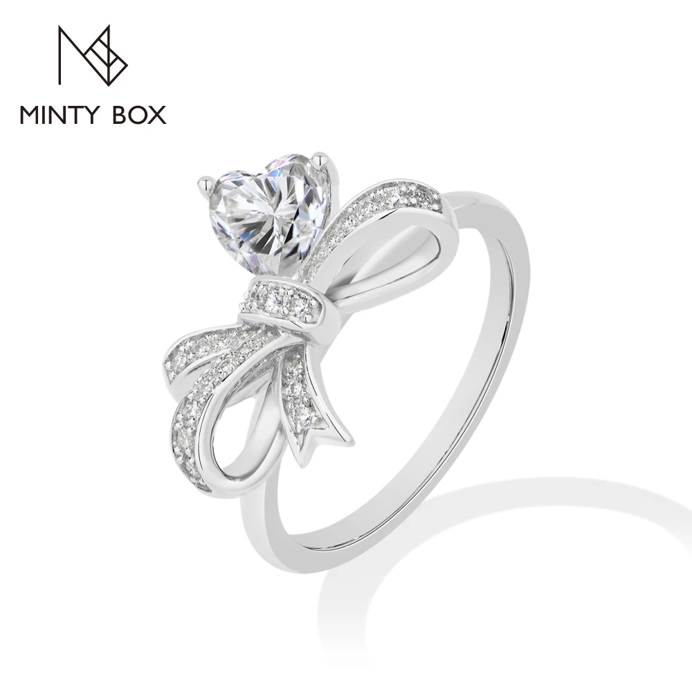 Mintybox DVVS1 Color Heart Moissanite Rings 925 Sterling Silver Full Pave BowKnot Ring Engagement Wedding Jewelry Gift for Women