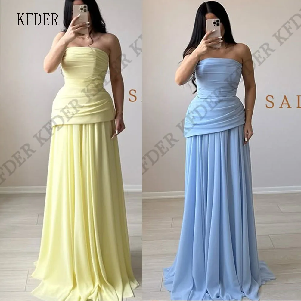 Sky Blue Yellow Strapless A Line Formal Prom Gowns Sleeveless Party Gown Floor Length Evening Dress 2026 Customized