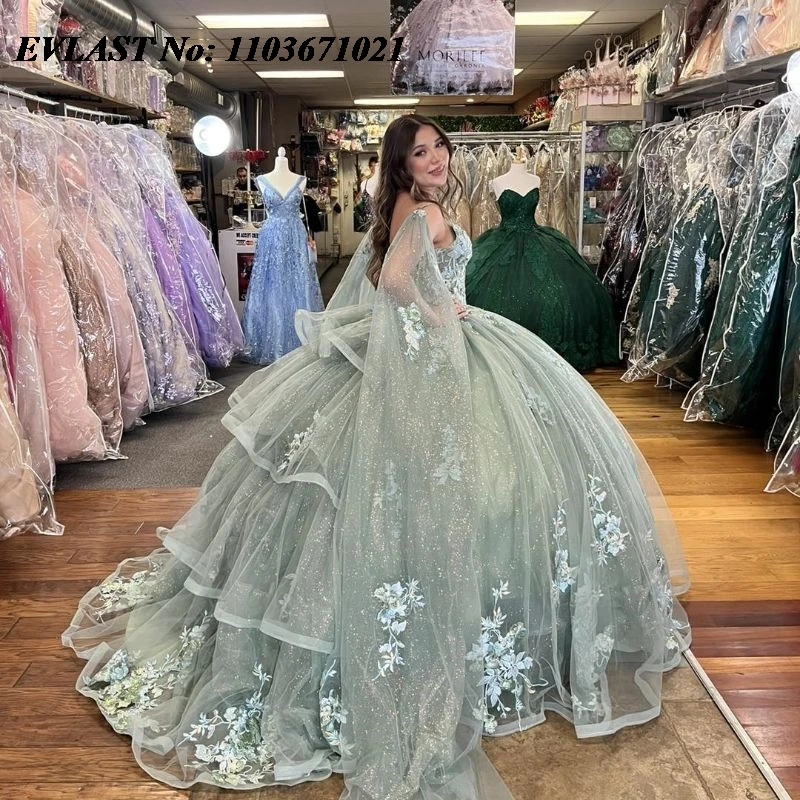 Evlast Groene Baljurk Quinceanera Jurk 3d Bloemen Applique Kralen Spaghetti Gelaagd Met Cape Sweet 16 Vestidos De 15 Anos Sq193