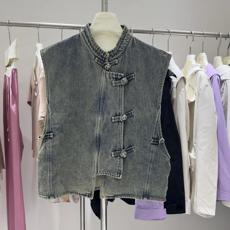 

Retro Button up Svel Denim Vest Top Layering Outerwear Spring Summer Cotton Polyester Blend Regular Length Commute Sle