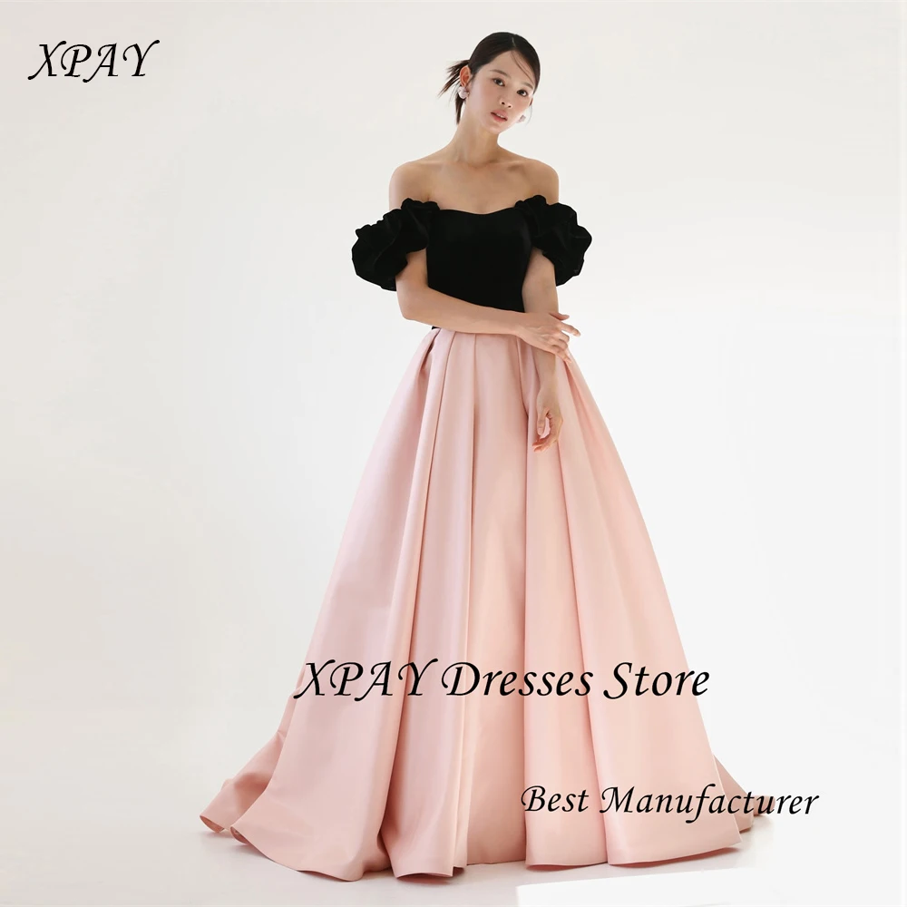 XPAY Contrast color Pink And Black Velvet Top Evening Dresses Korea Photo shoot Off Shoulder A Line Wedding Party Customized