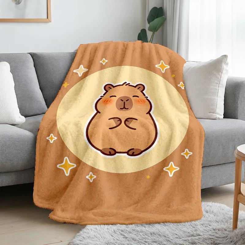 Sweet Capybara Throw Blanket Chubby Capybara Moon Star Cartoon Print Soft Flannel for Kids Room Sofa Lap Home Decor Gift