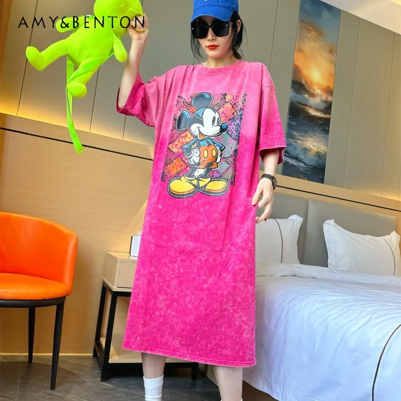 Summer Loose Slimming All-Matching Half Sleeves Top Women's Cartoon Printed Short-Sleeved And Long Pattern Straight Tshirt Dress