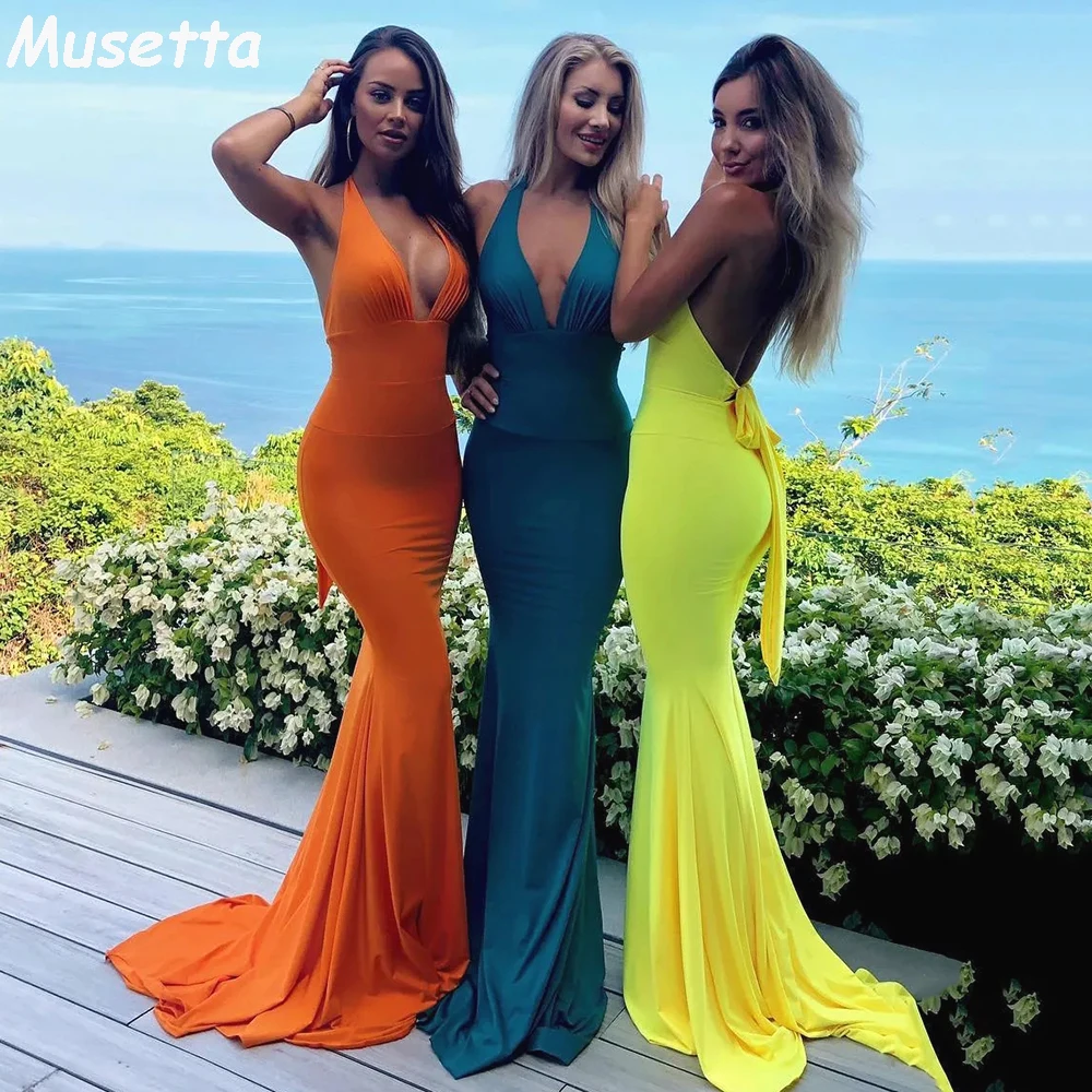 

Musetta Sexy Yellow Mermaid Evening Dresses Backless Satin Simple Halter Cheap Long Prom Dress Sweep Train Wedding Party Gowns