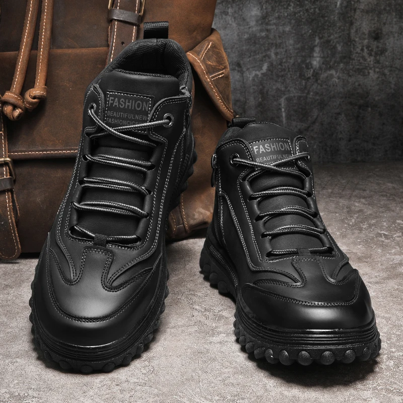 Casual Shoes Motorcycle Boots High-Top Winter New Style Cotton Shoes Rubber Outsole Round Toe Flat Heel Men's Leather Boots