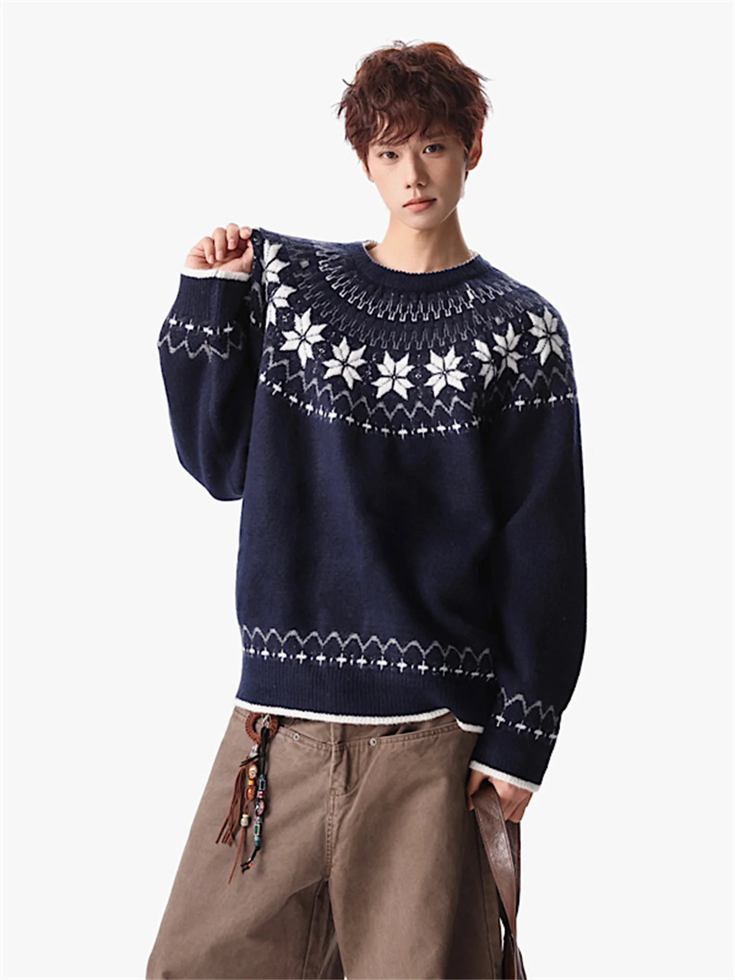 

Мужской вязаный свитер Cisas Motif из войлочной ткани, утепленный, повседневный, для отдыха, с круглым вырезом, теплый, молодежный, модный